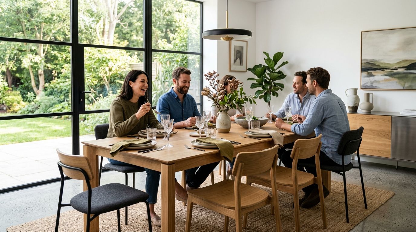 Chaises de salle à manger en bois massif et piètement métal autour d'une table de repas contemporaine