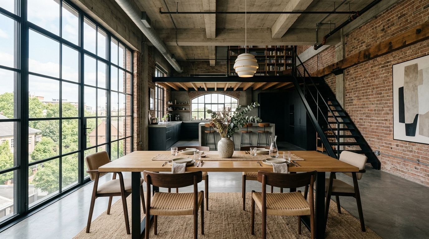 Chaises dépareillées en bois, métal et tissu réunies autour d'une table avec une palette de couleurs harmonieuse